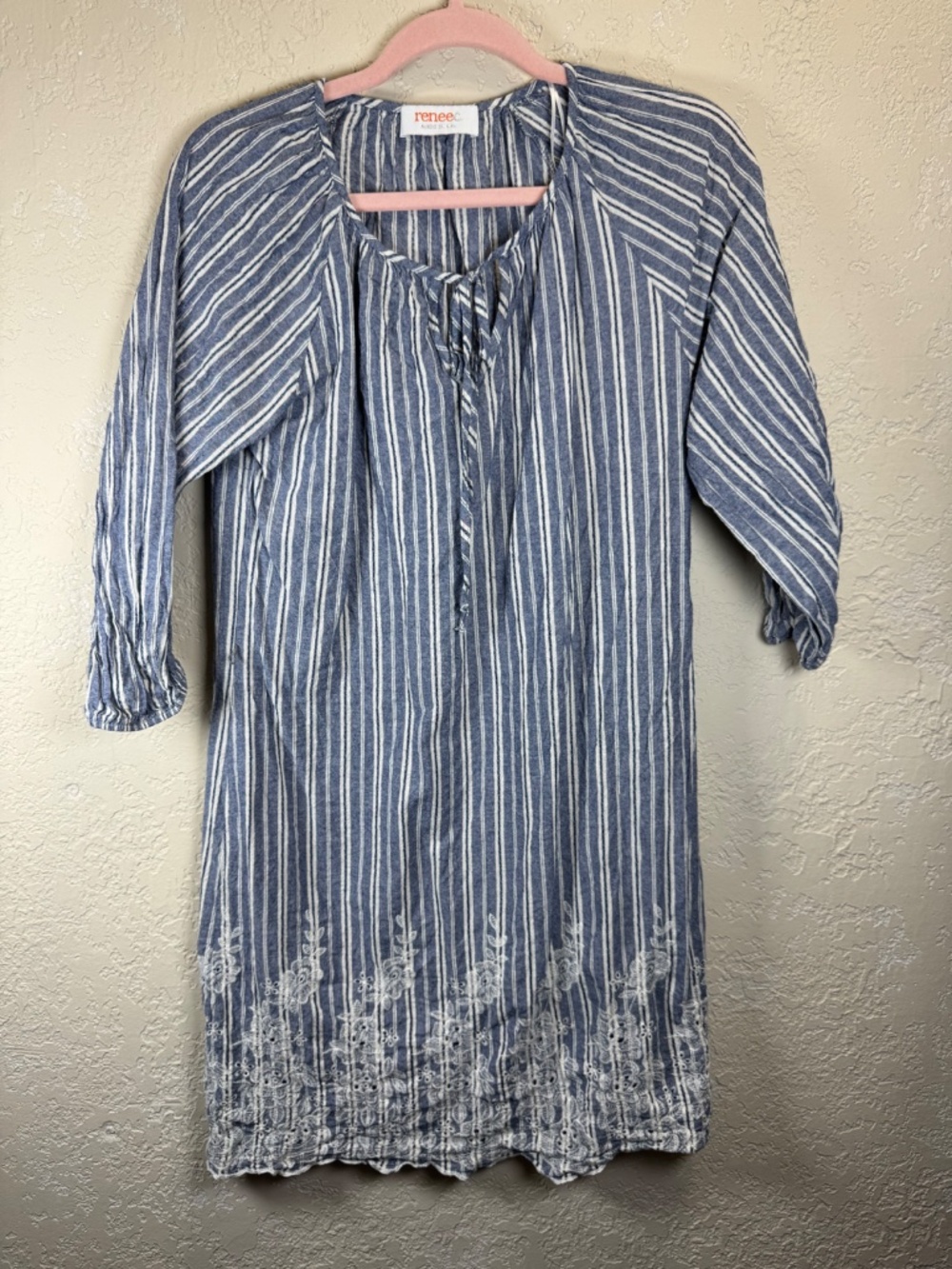 Renee C Blue Stripe Embroidered Cotton Shift Dress Boho Size Small - Picture 2 of 11
